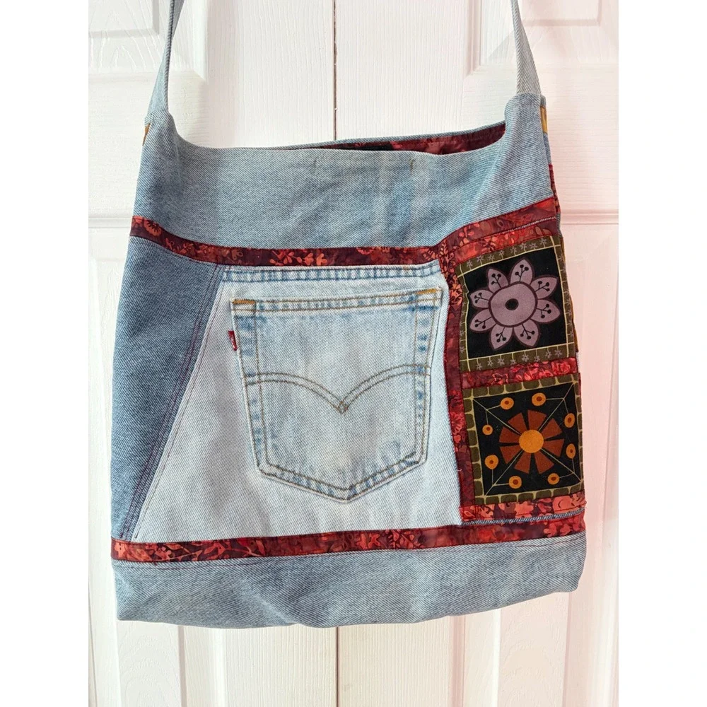 Handmade Upcycled Levi's Denim Patchwork Crossbody Bag Batik Floral Boho Tote